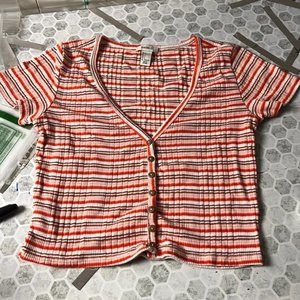 Forever 21 Large Striped Pink Red Short Sleeve V Neck Button Up Blouse